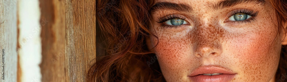 Fototapeta premium Capture the Essence of Natural Beauty Witness a radiant woman bathed in soft morning light on a makeup-free face, showcasing organic beauty and a captivating glow This stunning close-up portrait