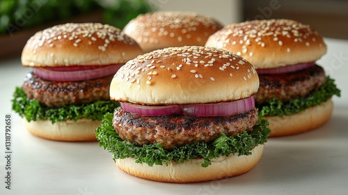 Three delicious hamburgers with sesame seed buns, lettuce, and red onions on a clean surface
