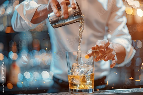 Ultra Quality Image of Barman in White Shirt Pouring Drink Incredient photo