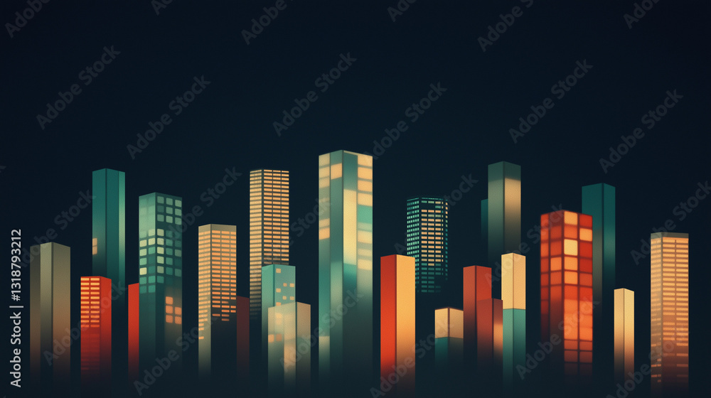 Obraz premium Modern Cityscape: A stylized cityscape with illuminated skyscrapers, rendered in a gradient palette and conveying a sense of urban vibrancy.