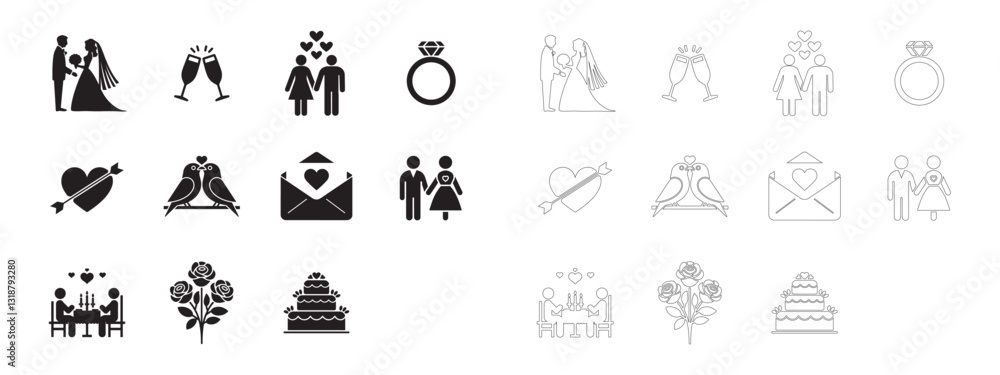 Wedding and Romance Icons Set. Editable minimalist and outline vector icons. Wedding and Romance Icons Set. Editable minimalist and outline vector icons.