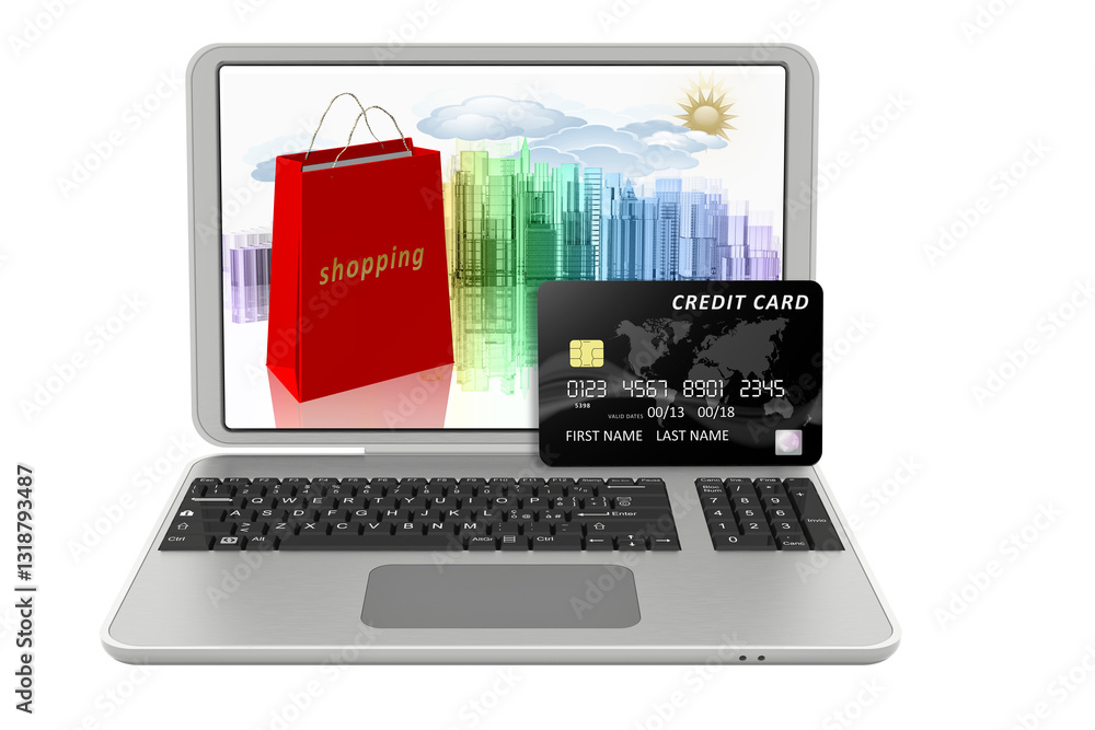 PNG. Trasparente. Illustrazione 3D. Pagamento elettronico. Computer portatile e carta di credito come simbolo dei pagamenti online.. PNG. Trasparente. Illustrazione 3D. Pagamento elettronico. Computer portatile e carta di credito come simbolo dei pagamenti online..