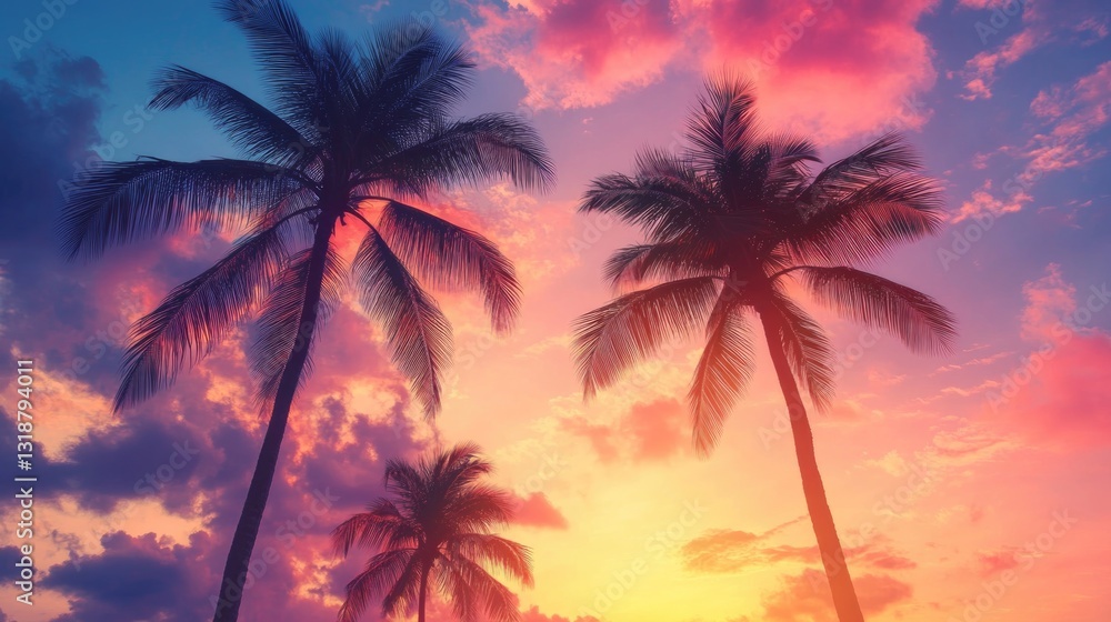 Fototapeta premium Several palm trees silhouetted against a colorful sunset sky backdrop