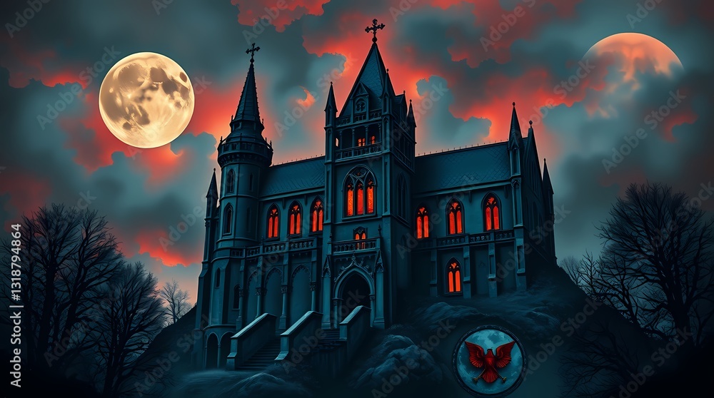 Fototapeta premium Gothic Mansion under Moonlight: A spooky gothic mansion sits atop a hill under a vibrant, moody sky filled with the glow of the full moon. capturing the gothic architecture and eerie atmosphere.