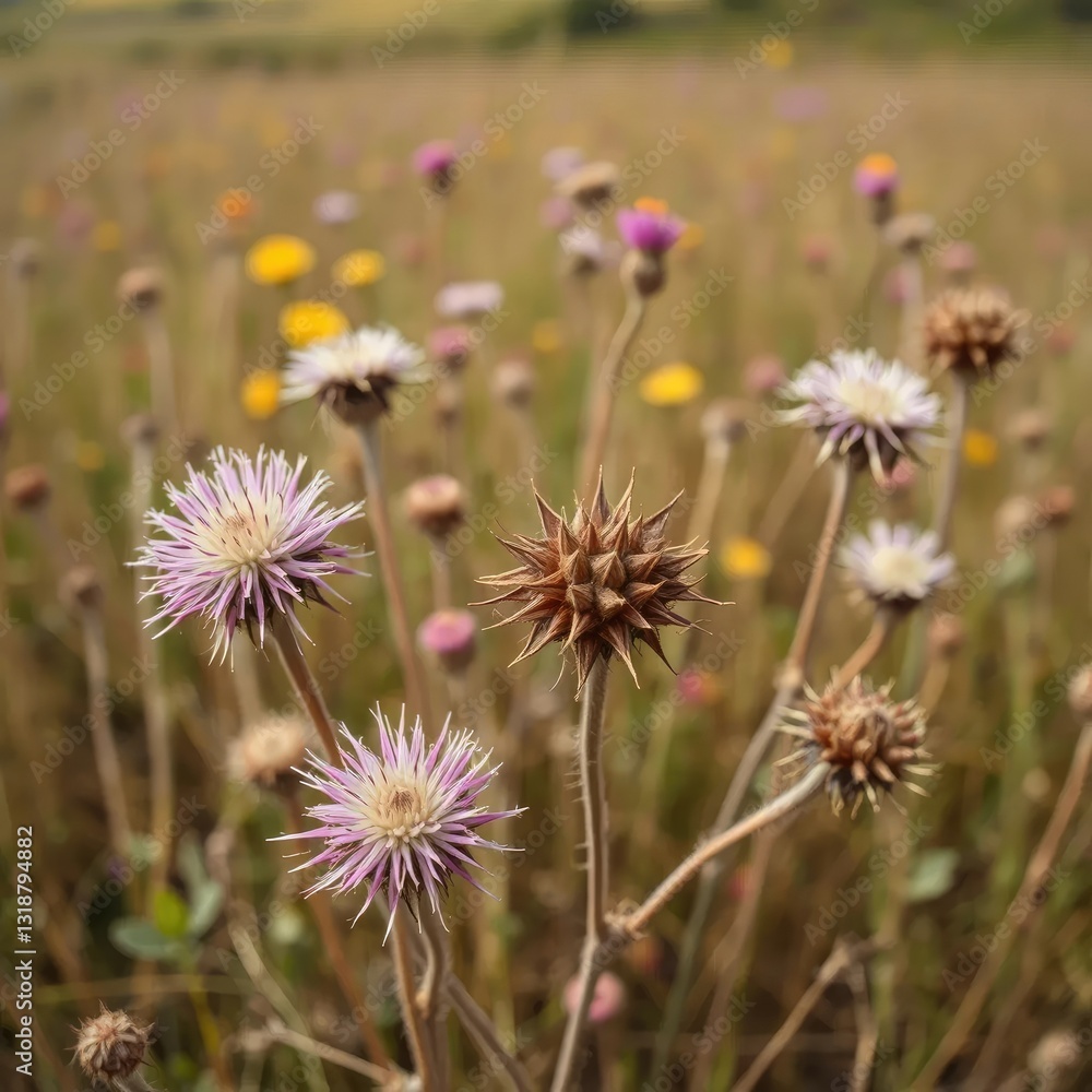 Dried flowers with sharp thorns scattered in the meadow, landscape, nature Dried flowers with sharp thorns scattered in the meadow, landscape, nature