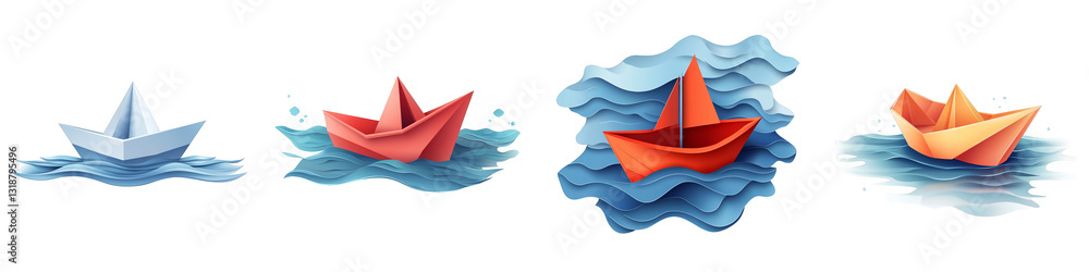 Colorful paper boats sailing through stylized waves on transparent background Colorful paper boats sailing through stylized waves on transparent background