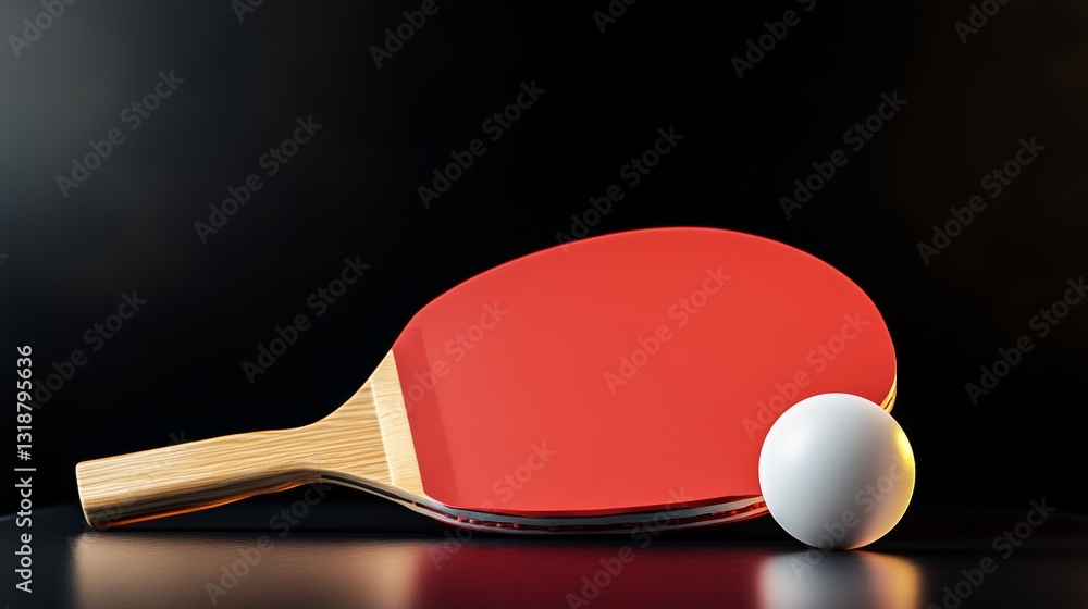 Red paddle with a white ball and egg on it. The paddle is made of wood and the ball is white Red paddle with a white ball and egg on it. The paddle is made of wood and the ball is white