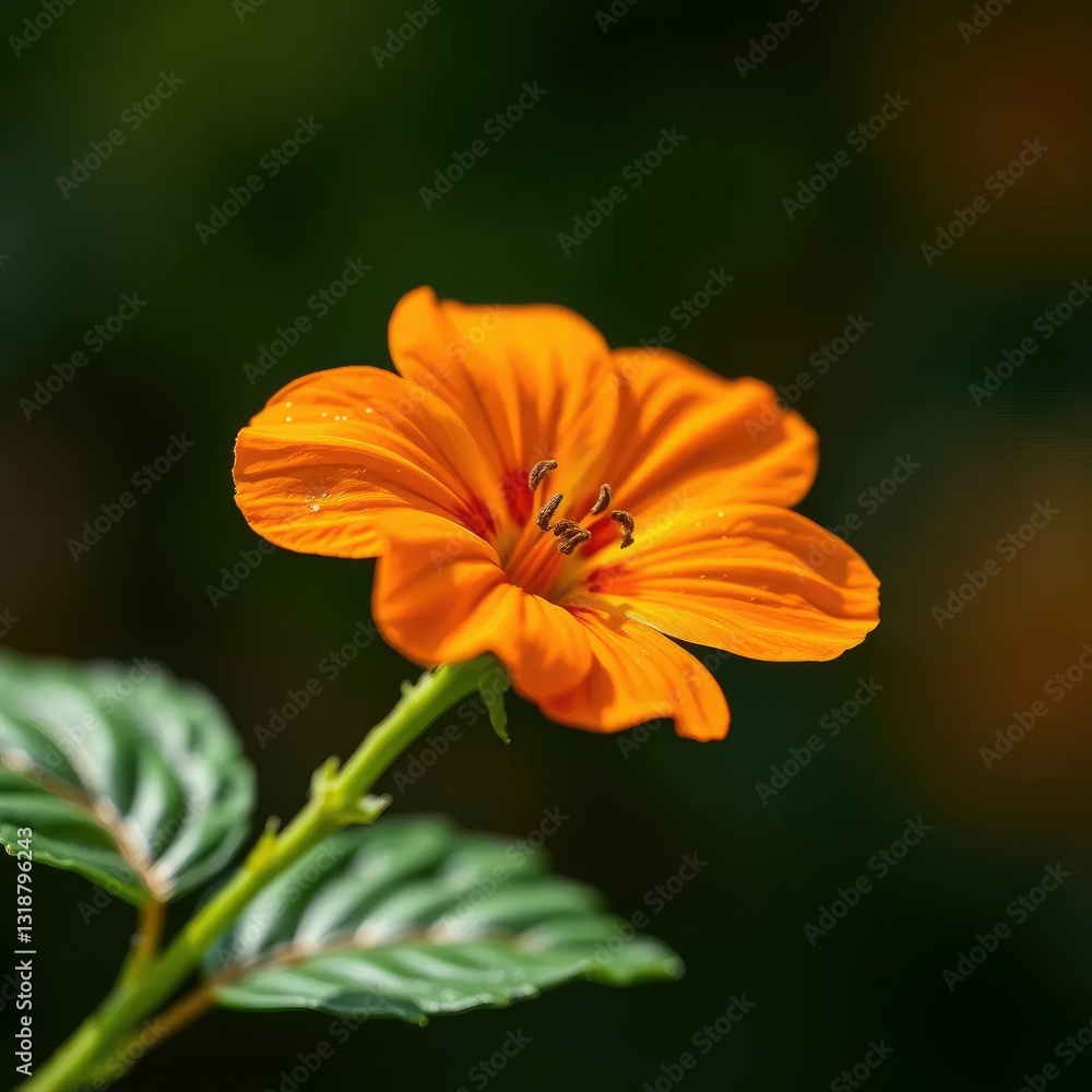 Delicate orange flower on a green stem with leaves, green, bloom Delicate orange flower on a green stem with leaves, green, bloom