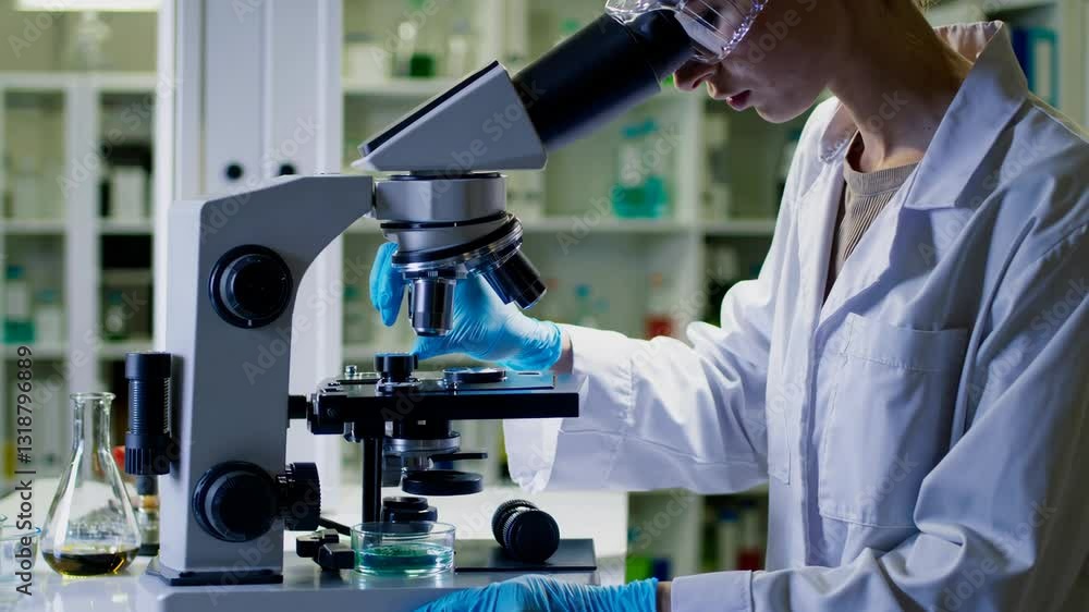 Scientist conducts research using a microscope in a modern laboratory setting Scientist conducts research using a microscope in a modern laboratory setting