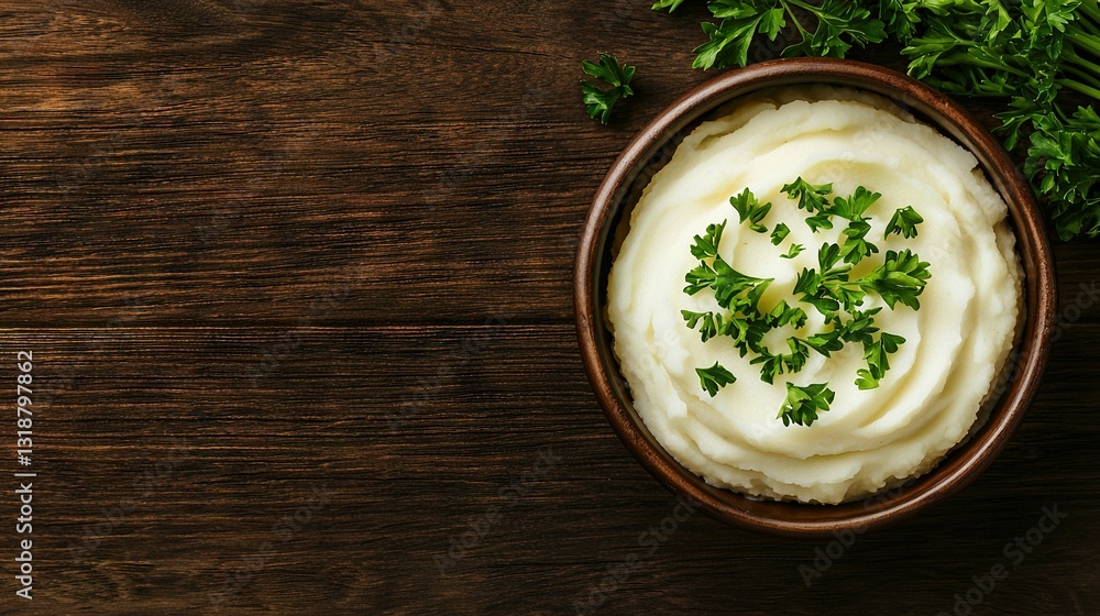 Mashed Potatoes & Parsley on Wooden Table Mashed Potatoes & Parsley on Wooden Table
