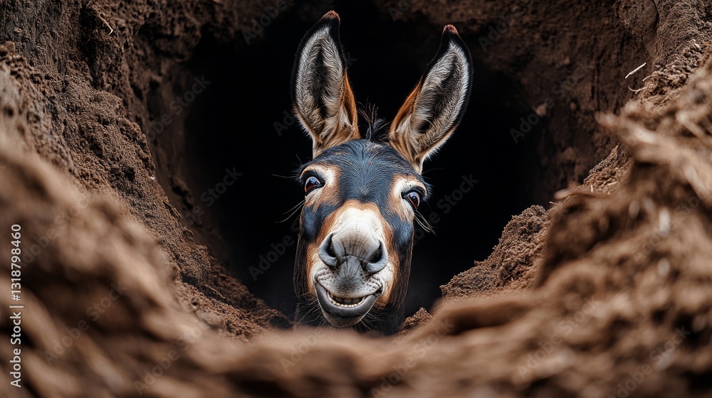 Fototapeta premium Donkey is standing in a hole with its head sticking out. The donkey has a big smile on its face