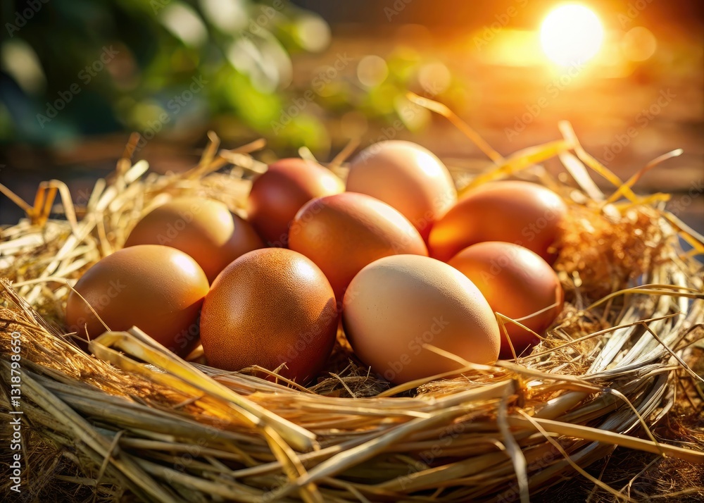 Rustic countryside scene: farm-fresh organic eggs nestled in straw. Rustic countryside scene: farm-fresh organic eggs nestled in straw.