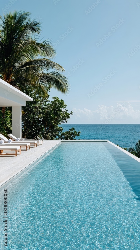 Fototapeta premium Luxurious tropical oceanfront villa with infinity pool, palm trees, and serene blue skies — perfect for a tranquil vacation escape.