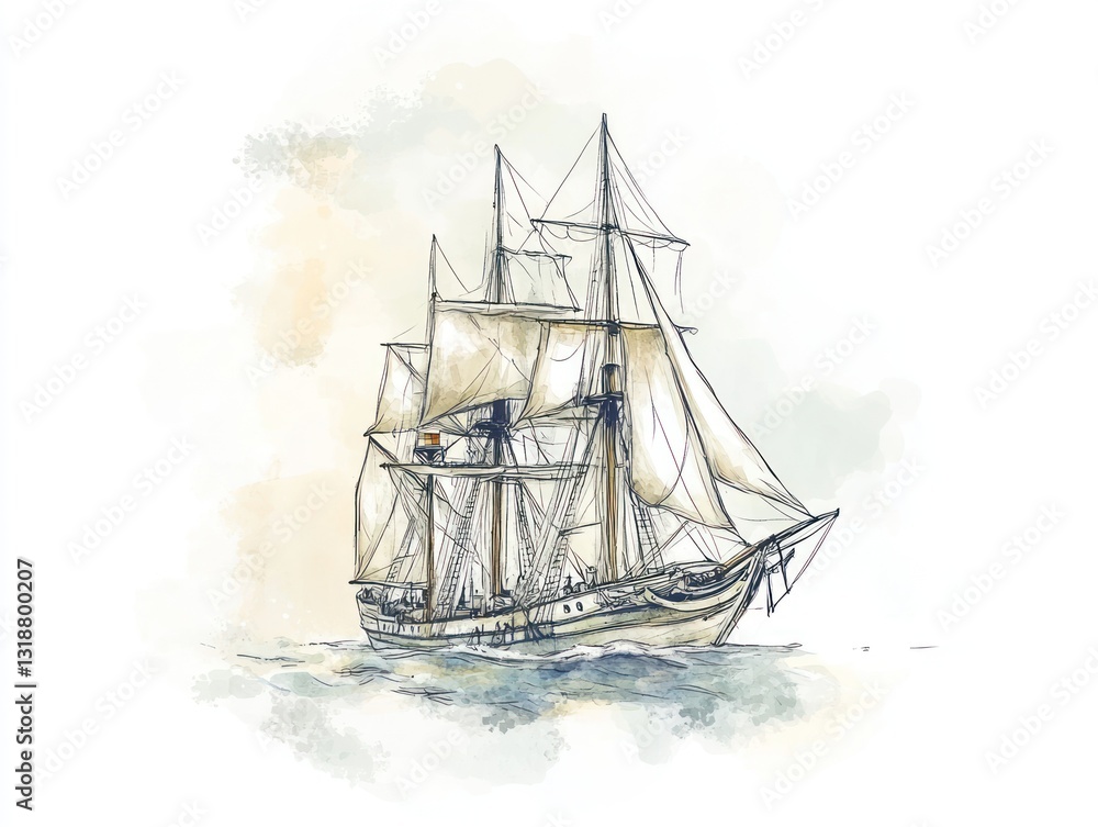 Fototapeta premium Sailing ship ocean watercolor art nautical history