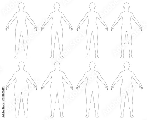 Vector illustration of female body sequence outline from thin to fat. The figures are all standing upright, with their arms outstretched, and they are all of varying sizes and shapes. Back view