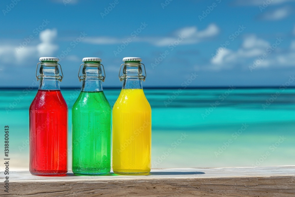 Vibrant colorful drinks in glass bottles with ocean backdrop under a bright sky Vibrant colorful drinks in glass bottles with ocean backdrop under a bright sky
