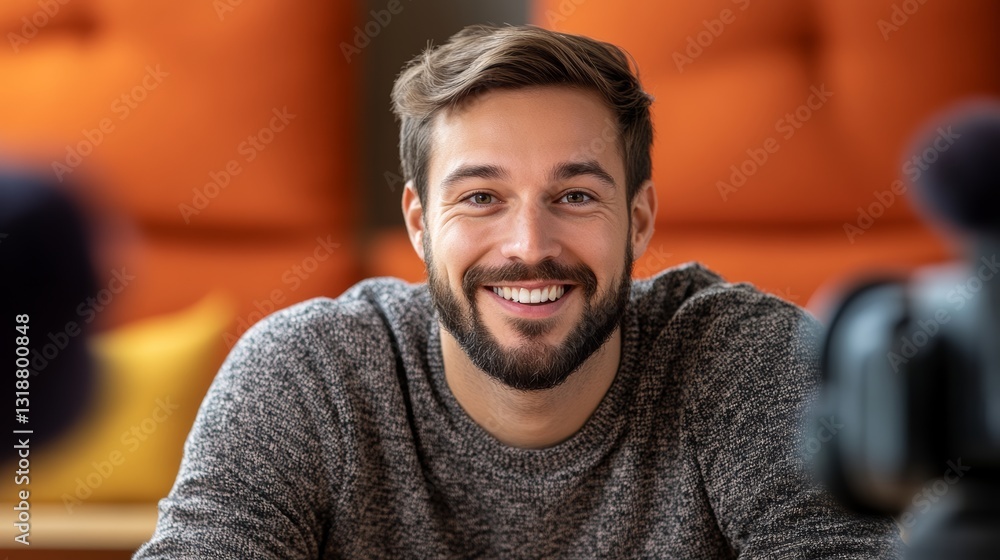 Obraz premium Man with a beard and a smile is sitting on a couch. He is wearing a gray sweater and a black hat