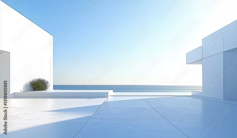 Minimalist Seaside Retreat with White Architecture Overlooking Calm Ocean and Clear Sky