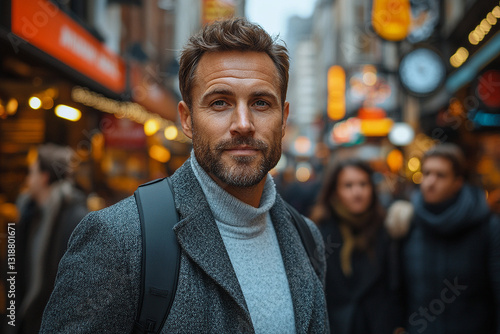  stylish, well-dressed man walking through a bustling urban street, exuding confidence and charm.