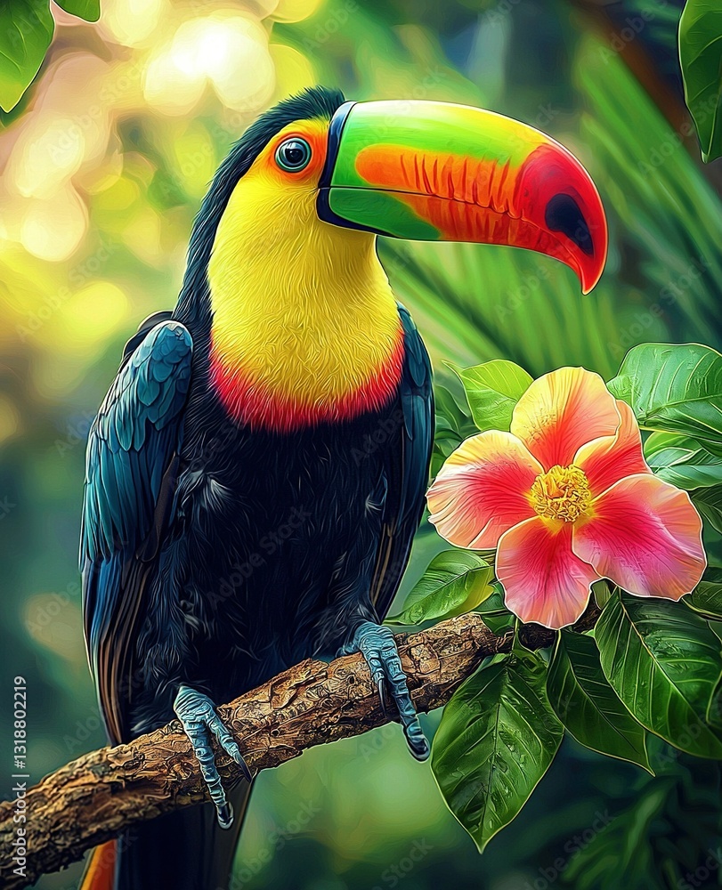 Obraz premium A toucan perched on a branch with a foreground and background flower