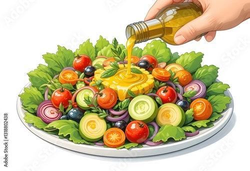 Olive oil drizzle over a vibrant fresh salad with mixed vegetables, illustrated in a simple and playful children's book style, isolated on a white background.