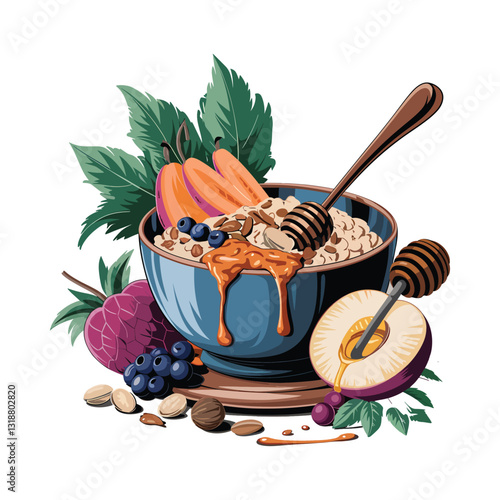 Healthy Breakfast Clipart Oatmeal with Fruits Nuts Vector Design Explore the vector set with detailed breakfast bowl illustrations, showcasing oatmeal with honey, fruits, and nuts. Download now!
