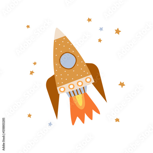 A space rocket flying in outer space. Cute colorful hand drawn vector illustration.