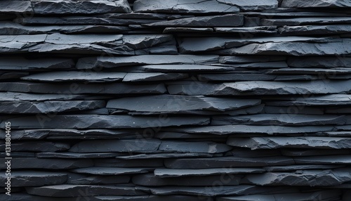 Charcoal gray slate formation. Layered stone texture background. Sedimentary rock pattern.