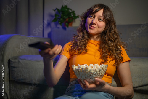 Obraz na plátně Young woman with curly hair is sitting on a sofa at night, holding a remote cont