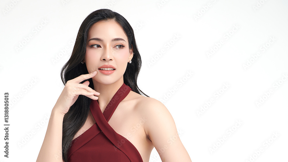 A beautiful young Asian woman with clean, fresh skin against a white background. She represents beauty, skincare, and spa treatments. A beautiful young Asian woman with clean, fresh skin against a white background. She represents beauty, skincare, and spa treatments.