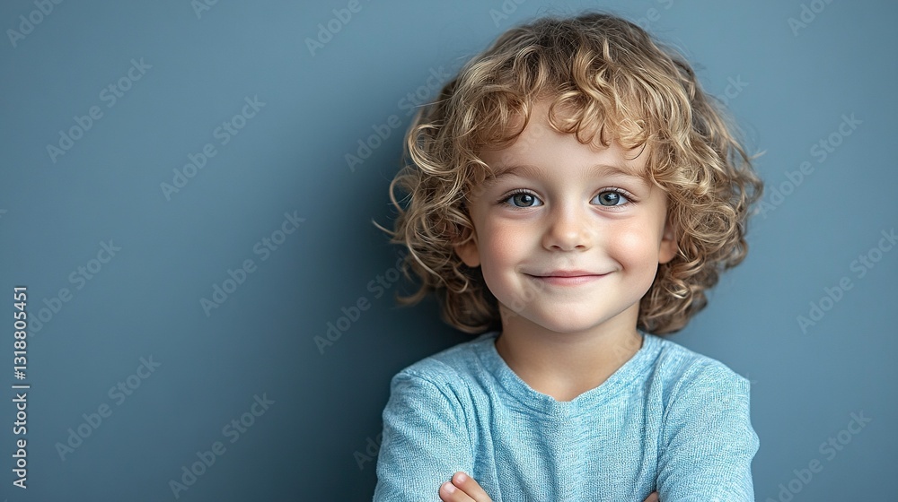 Naklejka premium A young girl with curly hair is smiling and wearing a blue shirt
