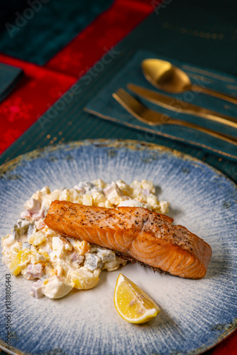 Obraz na płótnie Traditional Christmas dinner in Czech Republic - salmon fillet with potato salad w salonie