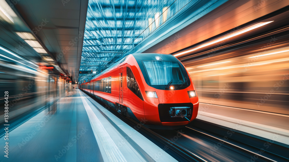 High-speed red train in modern station with motion blur effect High-speed red train in modern station with motion blur effect