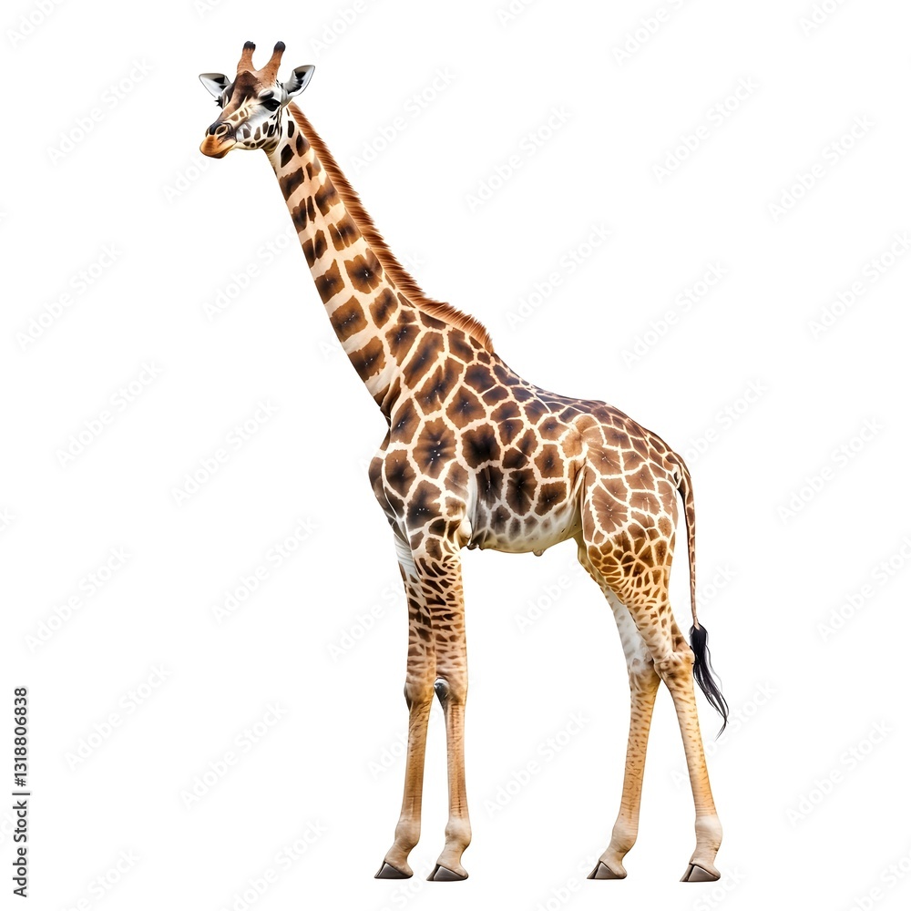 Obraz premium Graceful Giraffe Portrait: An elegant giraffe, with its iconic spotted coat and elongated neck, stands tall. captured in sharp focus and vivid detail
