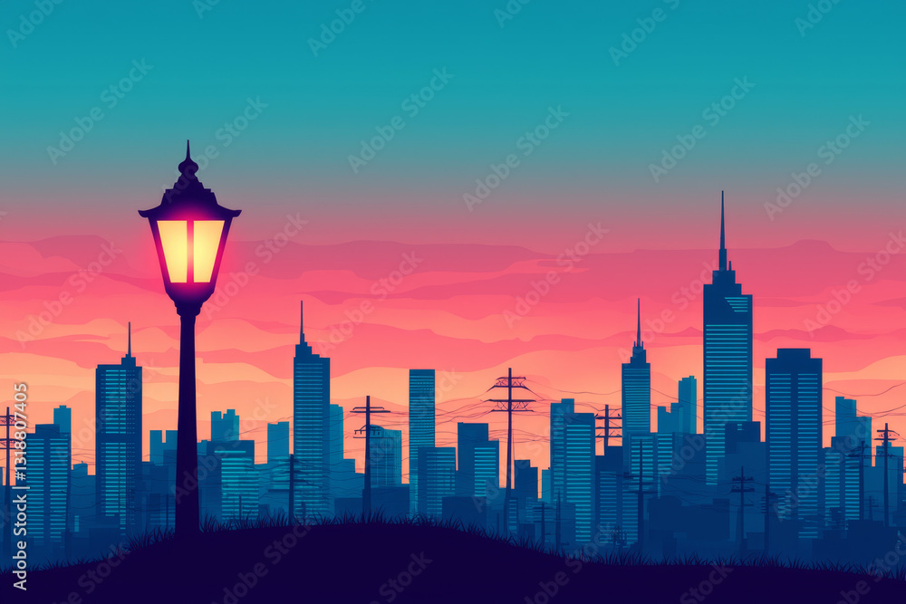 Fototapeta premium vibrant cityscape at sunset with glowing streetlamp and modern skyline