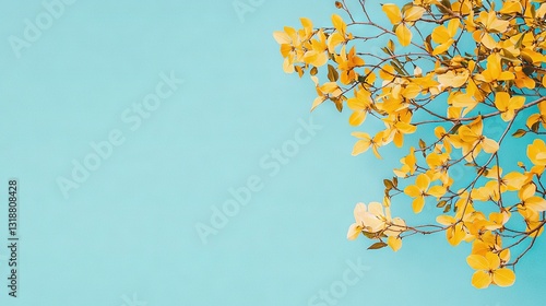   A photo featuring a close-up tree with yellow foliage adorning its limbs against a blue sky backdrop