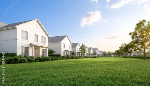 Wallpaper Mural Modern suburban homes with lush green lawns under clear blue sky Torontodigital.ca