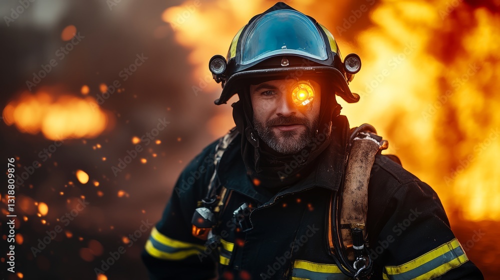 Firefighter with a glowing eye is standing in front of a fire. Concept of danger and urgency, as the firefighter is in the midst of a potentially life-threatening situation Firefighter with a glowing eye is standing in front of a fire. Concept of danger and urgency, as the firefighter is in the midst of a potentially life-threatening situation