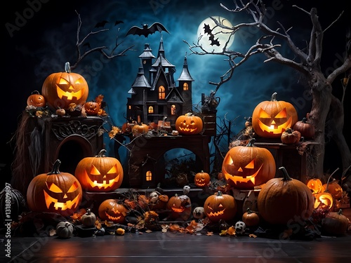 Halloween Pumpkin Scene with Haunted House and Full Moon