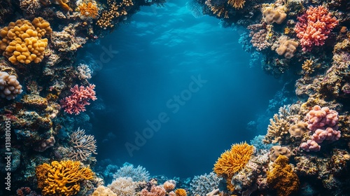 Fototapeta Naklejka Na Ścianę i Meble -  A vibrant coral reef frames an open view of deep blue ocean