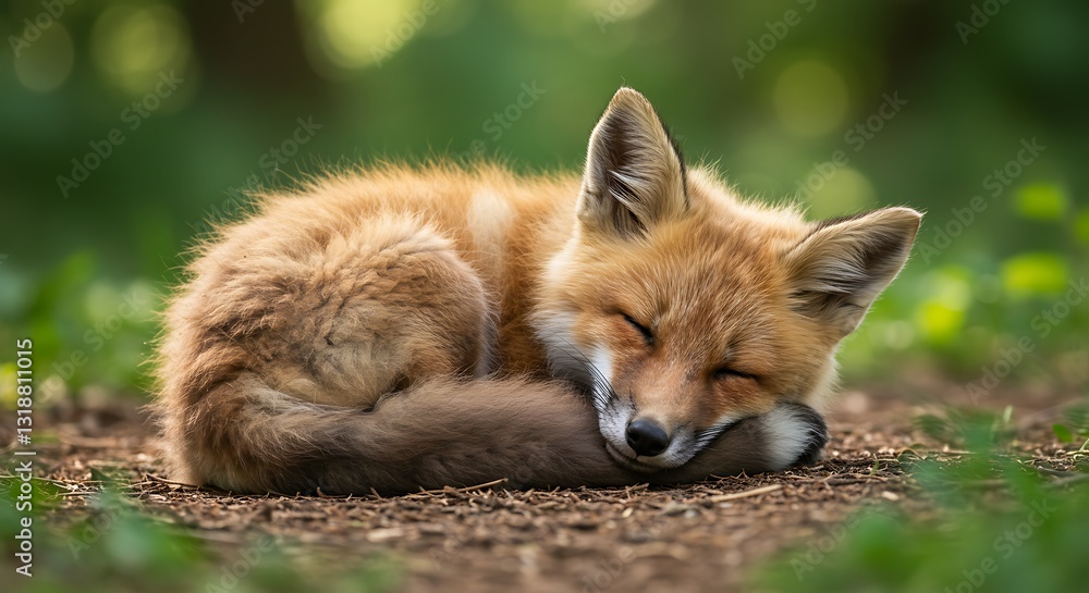 Fototapeta premium 可愛い狐の子、柔らかな日差し浴びて眠る. AI Generated