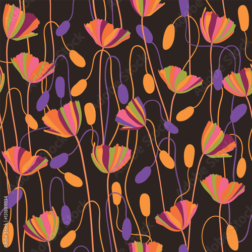 Botanical vector seamless pattern. Colorful floral background. Modern flat linear design for fabric. Blooming poppy flowers, stems and buds allover print.