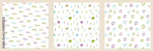 Cute Doodle simple seamless pattern set. Minimalist freehand scribbles colorful dots background. Perfect for textile print, gift wrapping, scrapbook, cover, baby products, packaging