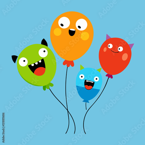 Funny colorful flying balloons with crazy animal vector illustration 