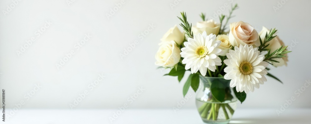 Obraz premium White chrysanthemum blooms sit on top of a glass vase filled with fresh cut roses and a few sprigs of rosemary, bouquet, white, vase