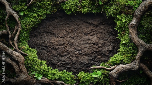 Green moss and tree roots surround an earthy brown soil area