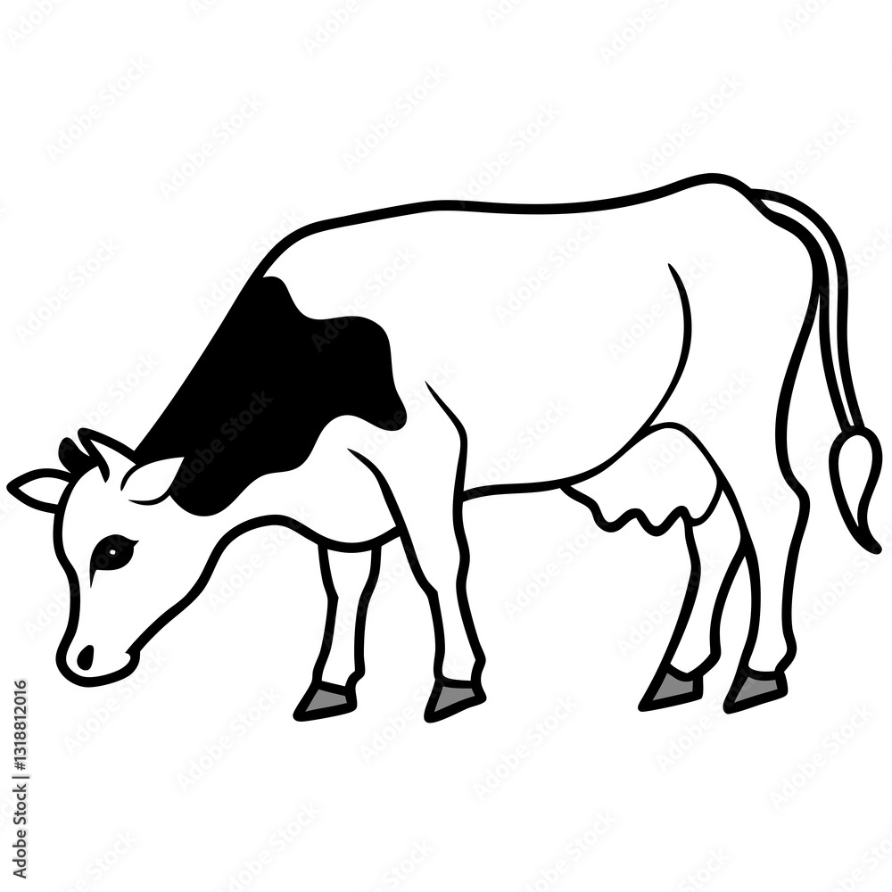 Fototapeta premium Milk cow grazing in pasture eating grass vector illustration 