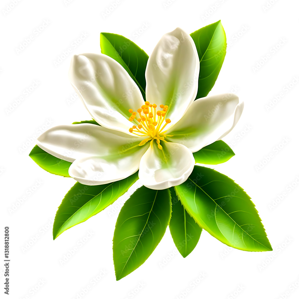 Fototapeta premium Delicate White Flower with Orange Stamen – High-Detailed Botanical Illustration with Green Leaves, Realistic Texture, and Soft Lighting on a White isolated PNG Background