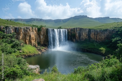 Spectacular waterfall plunging from a rocky cliff into a valley