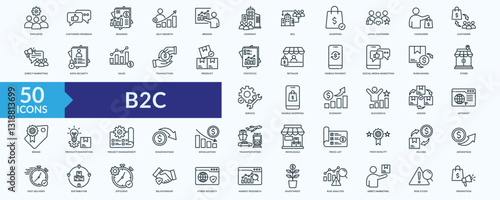 B2C icon collection set with customer feedback, loyal customer, direct marketing, mobile payment, social media marketing
